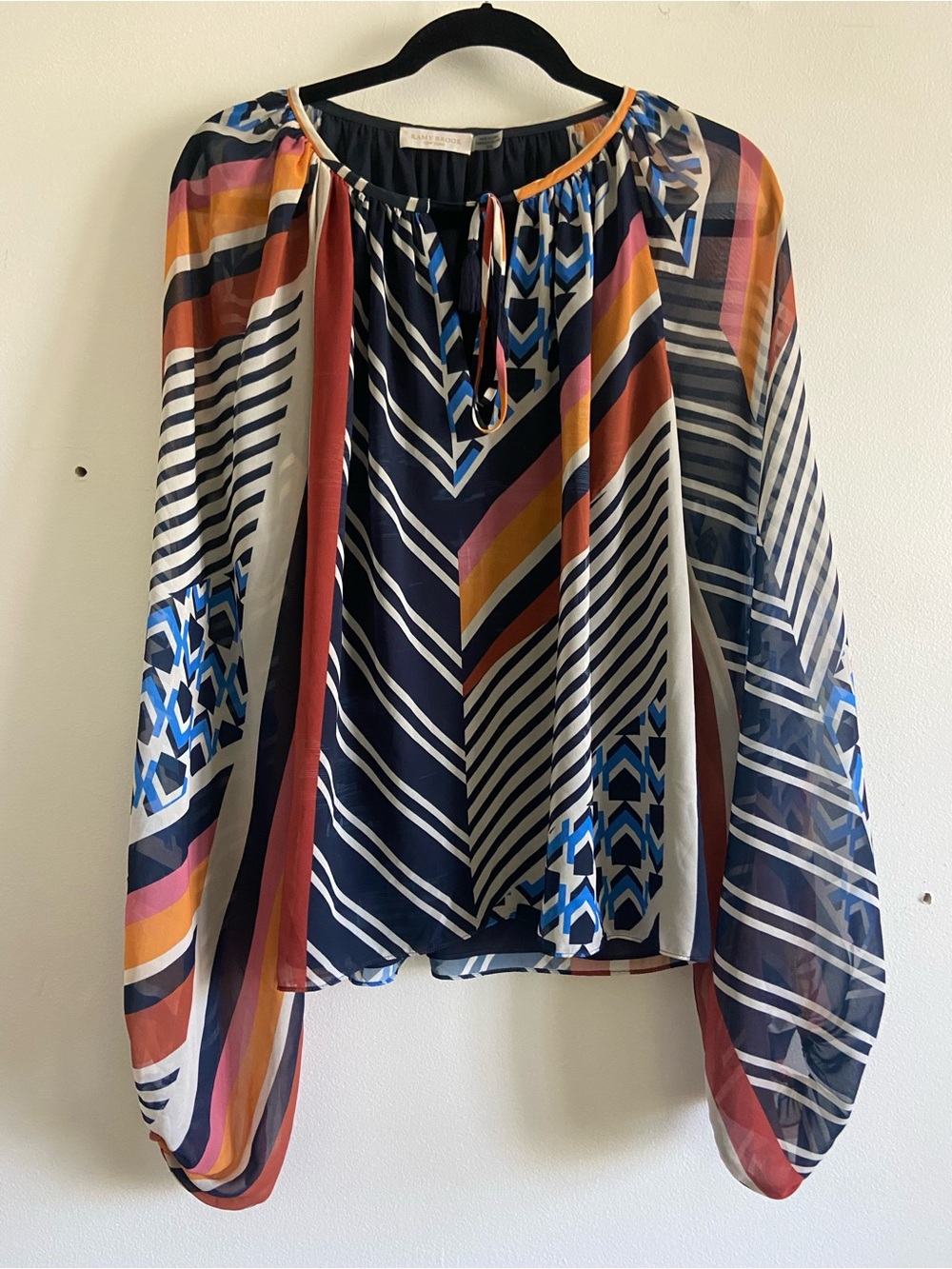 Ramy Brook Vibrant Geometric Partern Tie Neck Blouse Flowy Lightweight Size M - Picture 7 of 8